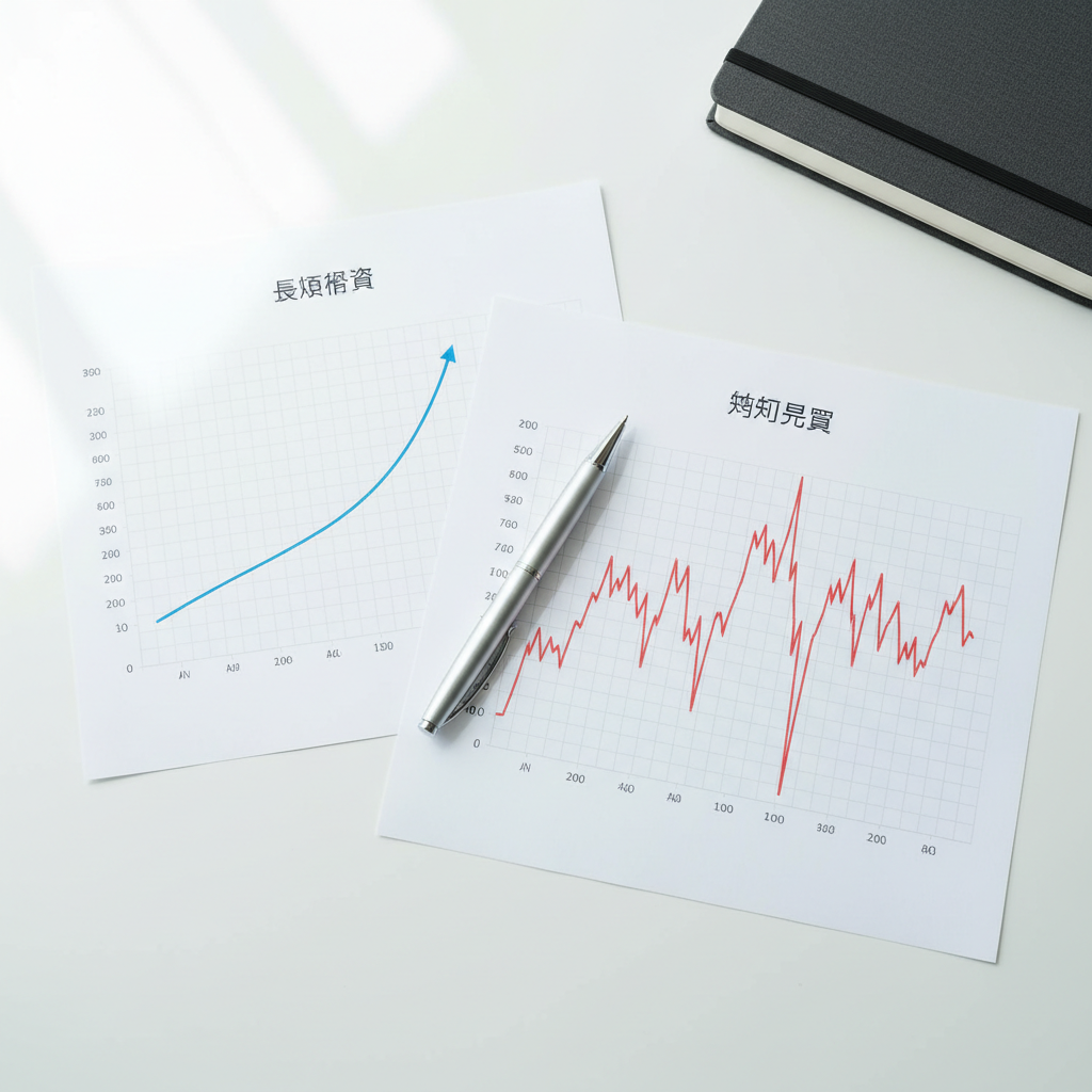 A crisp, high-resolution close-up of two printed charts on a white desk: one is a smooth upward-trending line graph labeled “長期投資”, the other a more jagged, volatile line graph labeled “短期売買”. A slim silver pen rests diagonally across the space between them, suggesting comparison. In the upper corner, a closed dark grey notebook with an elastic band adds texture and balance. Soft, diffused natural light from a nearby window illuminates the paper, highlighting the clean lines and subtle color differences between the graphs while casting very gentle shadows. The composition is shot from directly above, creating a flat-lay effect with a modern, analytical mood. The photographic style is minimal, precise, and professional, ideal for explaining different investment styles to beginners.