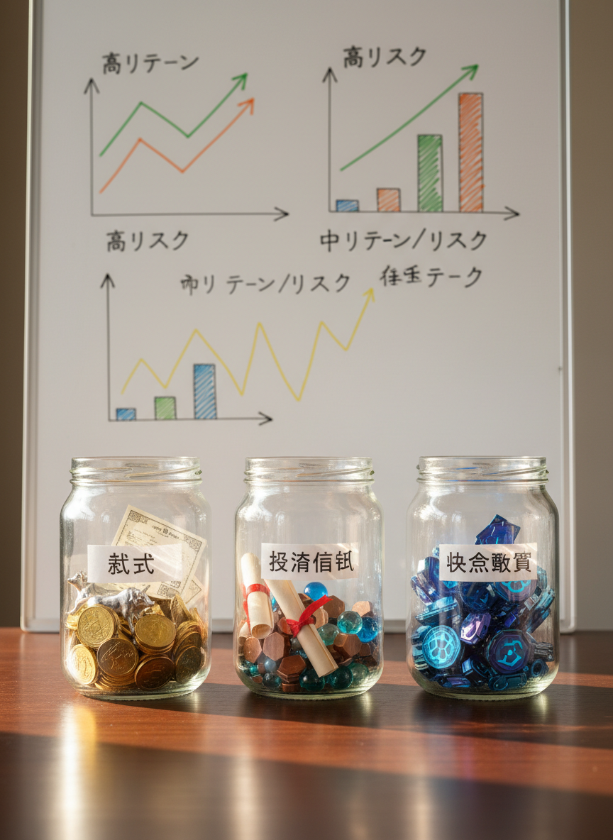 An arrangement of three transparent glass jars labeled in Japanese as “株式”, “投資信託”, and “仮想通貨”, each partially filled with different styles of coins and symbolic tokens, placed on a smooth dark wooden surface. Behind them stands a large, matte-white board with simple, colorful line graphs and bar charts sketched to represent varying risk and return. Natural afternoon light from the side casts soft, directional shadows, adding depth to the jars and glints of reflection on the glass. Captured from a slightly low, eye-level angle, the composition uses the rule of thirds to balance jars in the foreground and charts in the background. The mood is educational yet approachable, rendered in photographic realism with clean, modern styling to compare different investment vehicles visually.