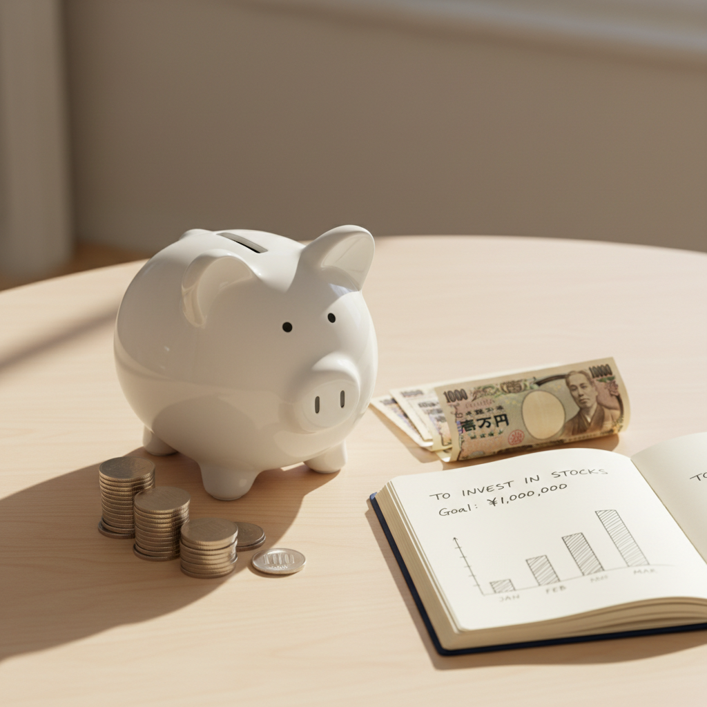 A polished white ceramic piggy bank with a subtle glossy finish stands on a smooth light wooden tabletop, surrounded by neatly stacked Japanese yen coins and a few folded banknotes. Beside it lies a small, open navy-blue notebook with a simple handwritten savings goal and a minimalist bar chart drawn in black ink. Gentle morning sunlight streams in from the left, casting soft, elongated shadows and warm highlights on the piggy bank’s curved surface. The background is softly blurred in neutral beige tones, keeping the focus on the saving and investing motif. Shot at an eye-level angle with a shallow depth of field, the photographic image feels reassuring, calm, and aspirational, perfect for conveying the first steps from saving money to starting stock investments.