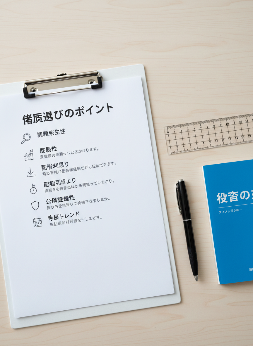A close-up of a crisp white clipboard holding a printed checklist titled in Japanese about “銘柄選びのポイント”, with neatly organized bullet points and simple icons, resting on a smooth, pale wooden table. Next to it lies a clear acrylic ruler, a fine-tip black pen, and a slim blue-bound guidebook on investment basics. Soft overcast light from above creates even, diffused illumination with almost no harsh shadows, emphasizing the paper’s texture and printed details. Shot from a slightly elevated top-down perspective, the scene is framed with generous negative space, giving a sense of order and simplicity. The photographic image feels calm, precise, and instructional, perfect for introducing step-by-step stock selection strategies for beginners.